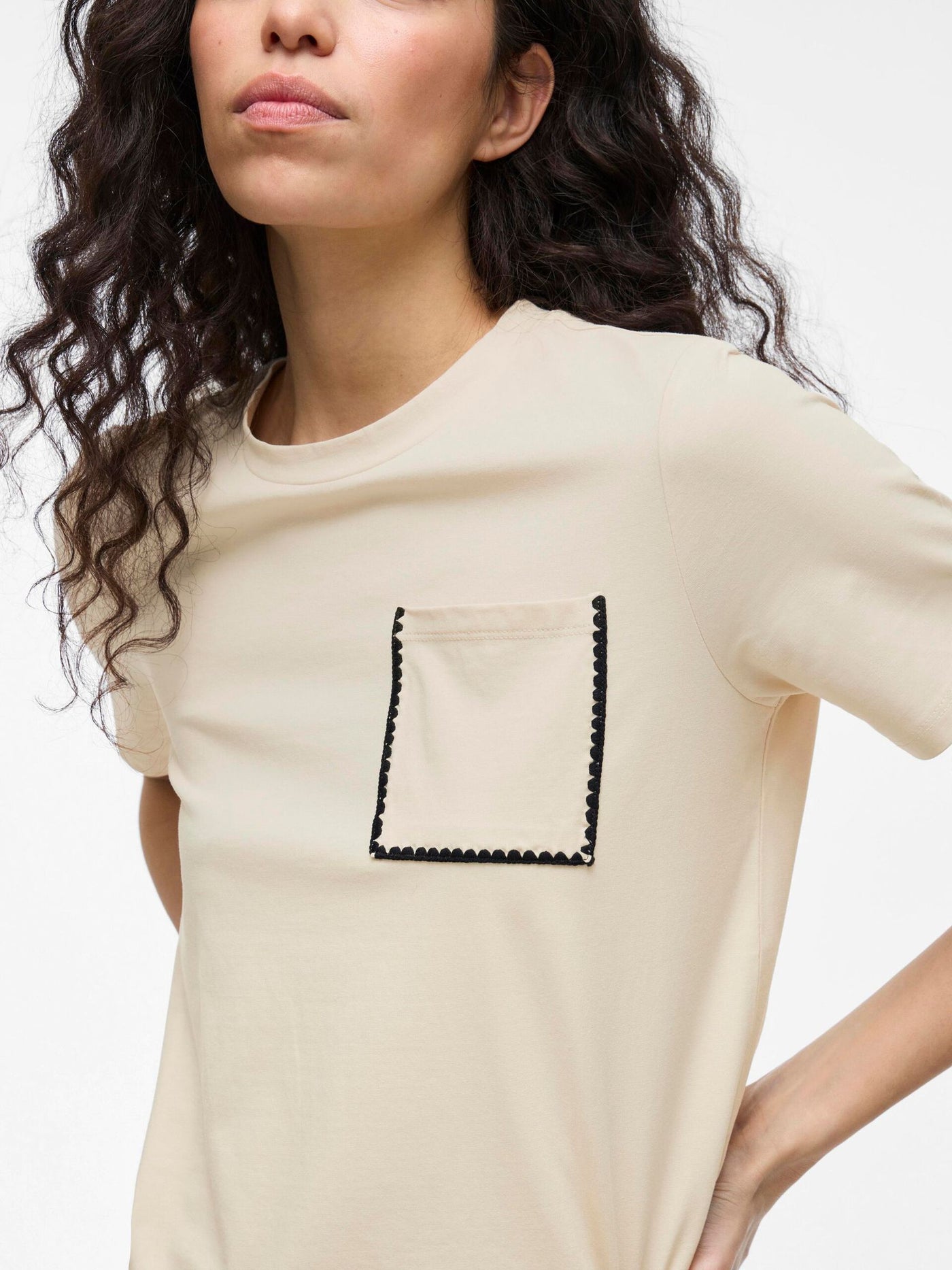 Black Crochet Trim Tee Cream