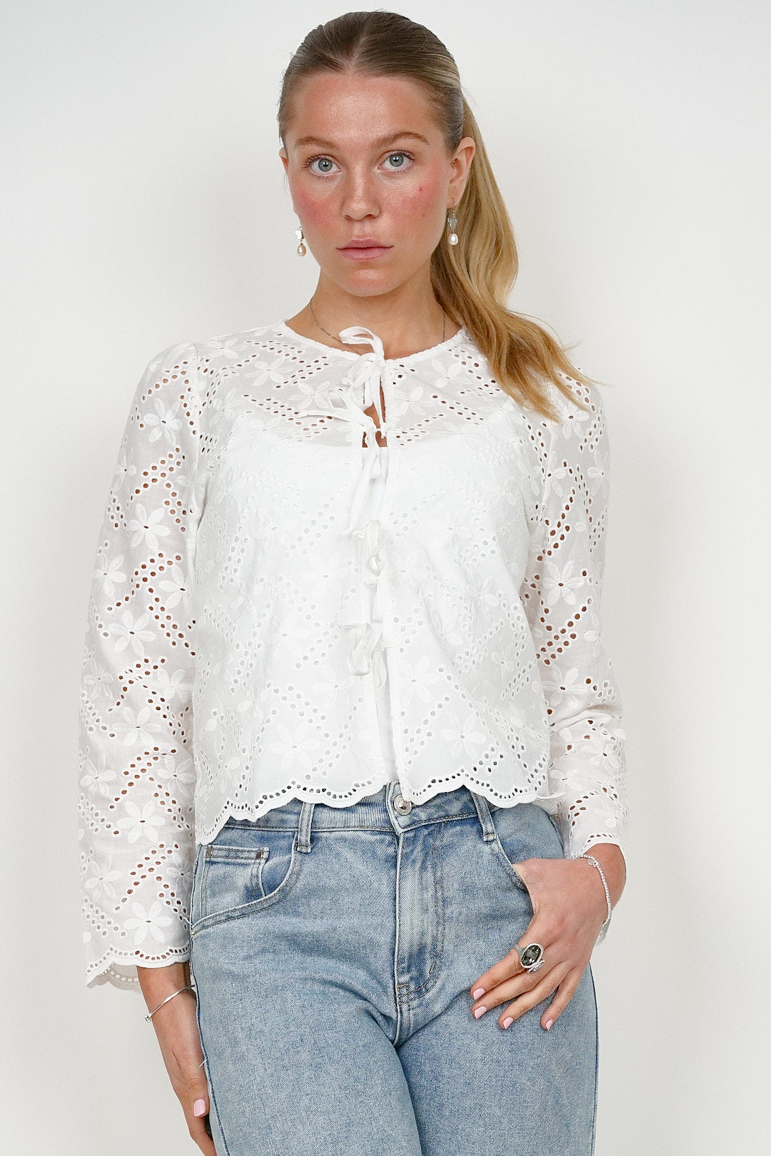 Ycoo Tie Front Broiderie Blouse
