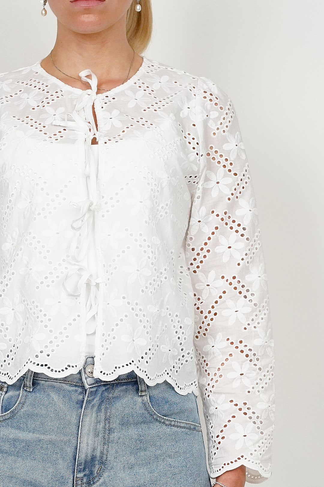 Ycoo Tie Front Broiderie Blouse