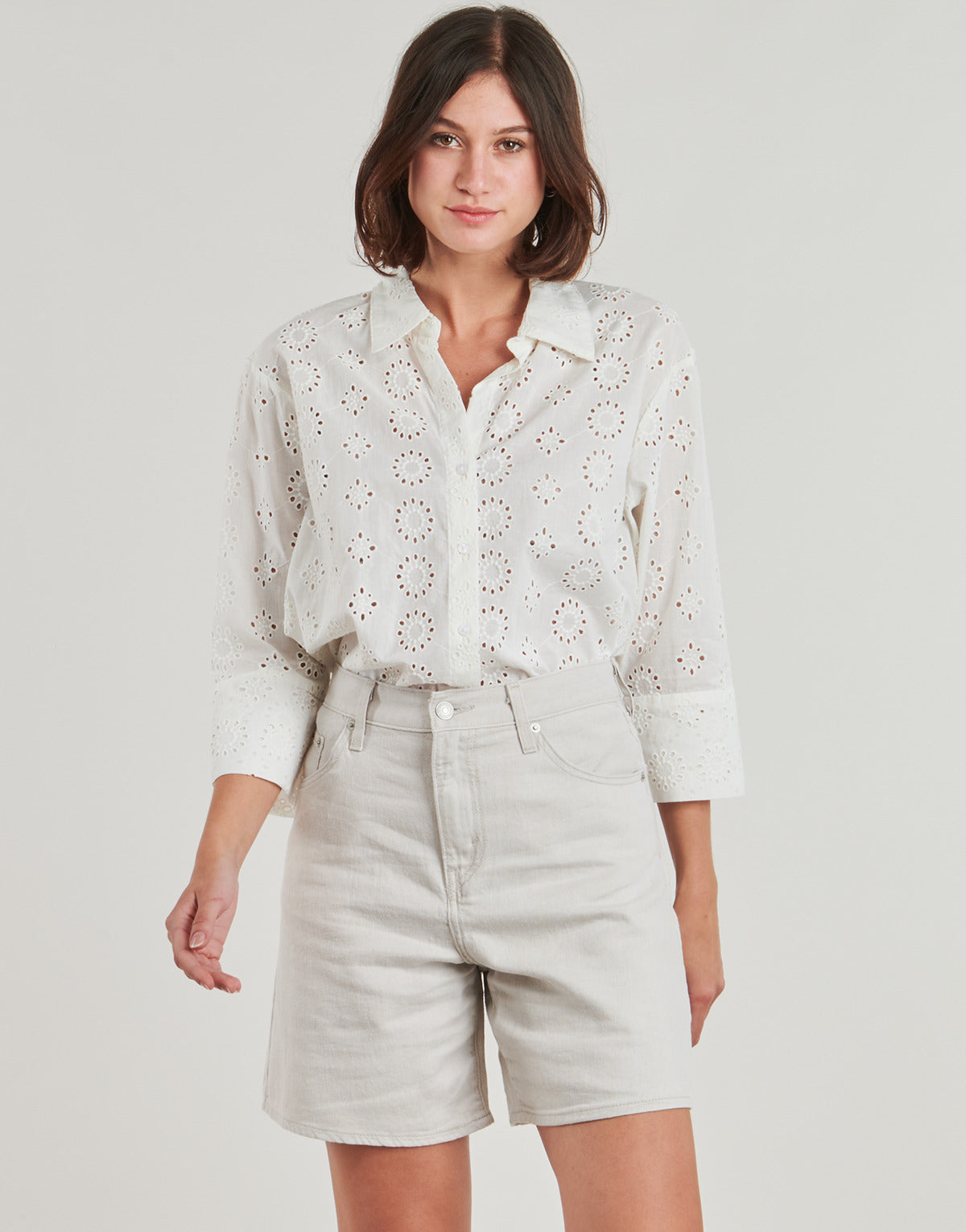3/4 Sleeve Broiderie Anglaise Shirt White