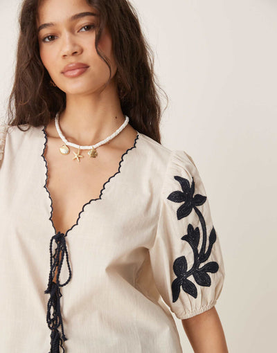 Black & White Embroidered Tie Blouse