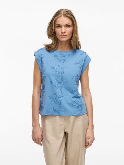 Flower Embroidered Tee Blue
