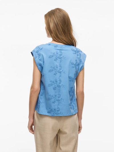 Flower Embroidered Tee Blue