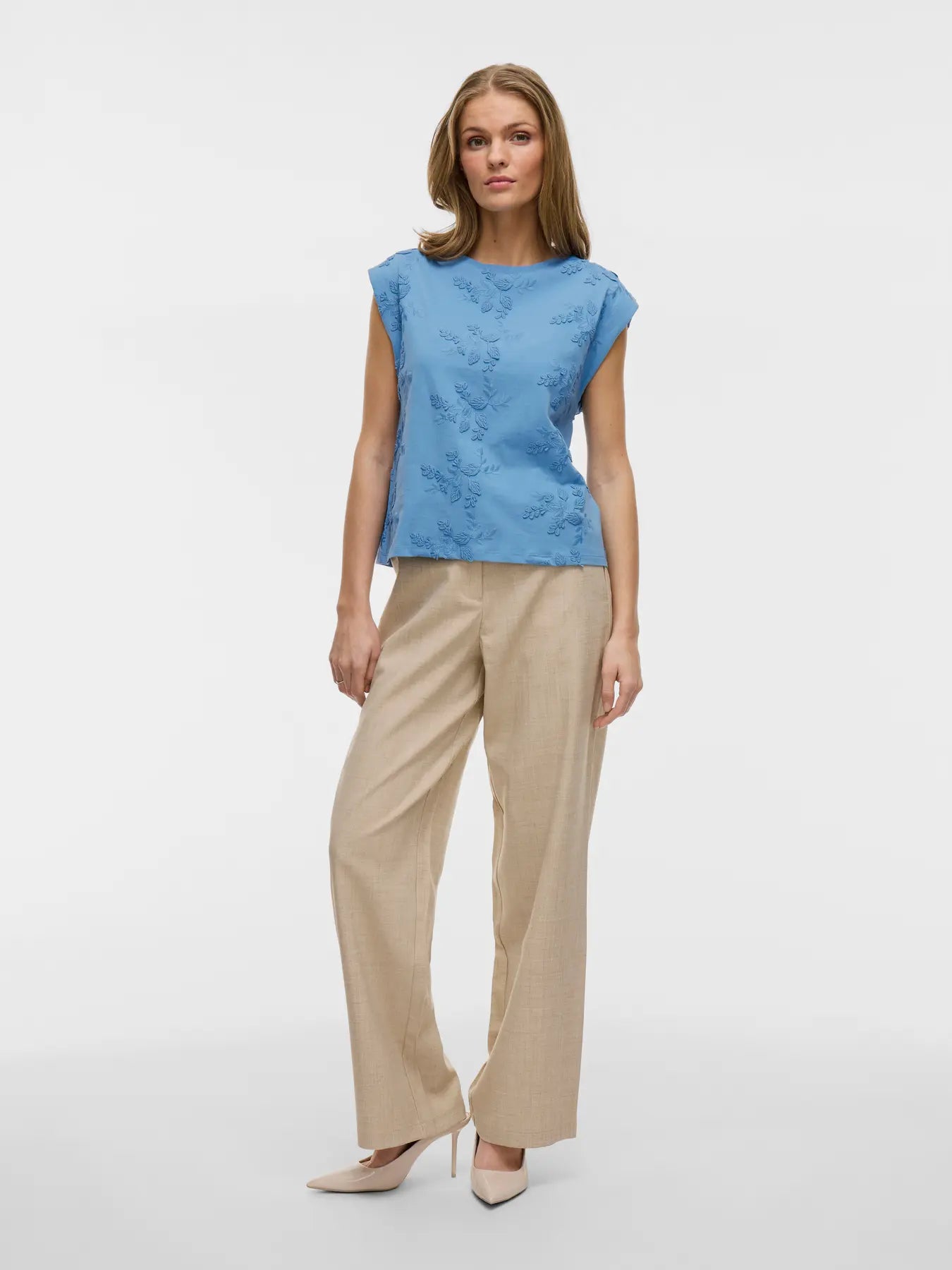 Flower Embroidered Tee Blue