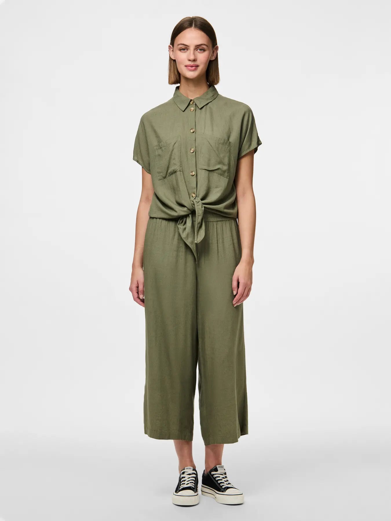 Linen Tie Blouse Khaki