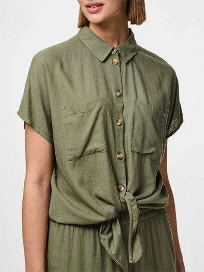 Linen Tie Blouse Khaki