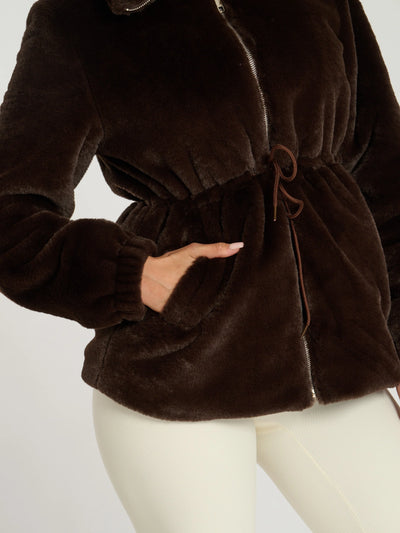 Faux Fur Waisted Jacket Chocolate