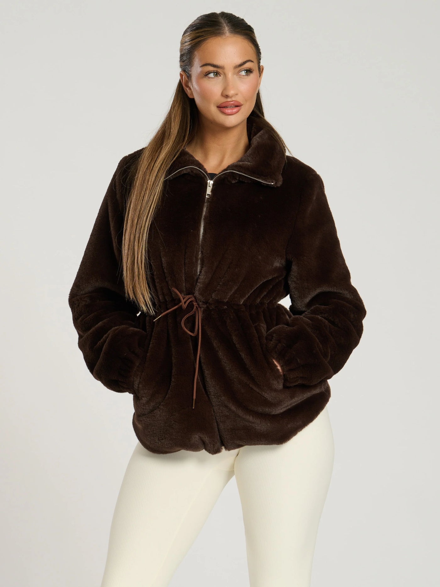 Faux Fur Waisted Jacket Chocolate