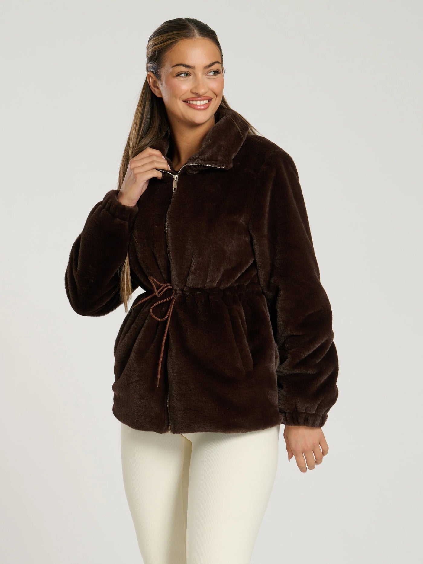 Faux Fur Waisted Jacket Chocolate