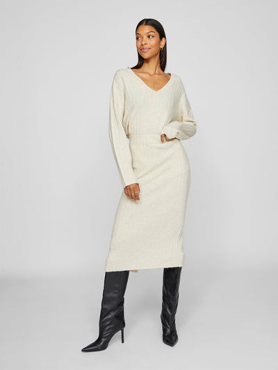 Ribbed Knit Pencil Skirt Cream