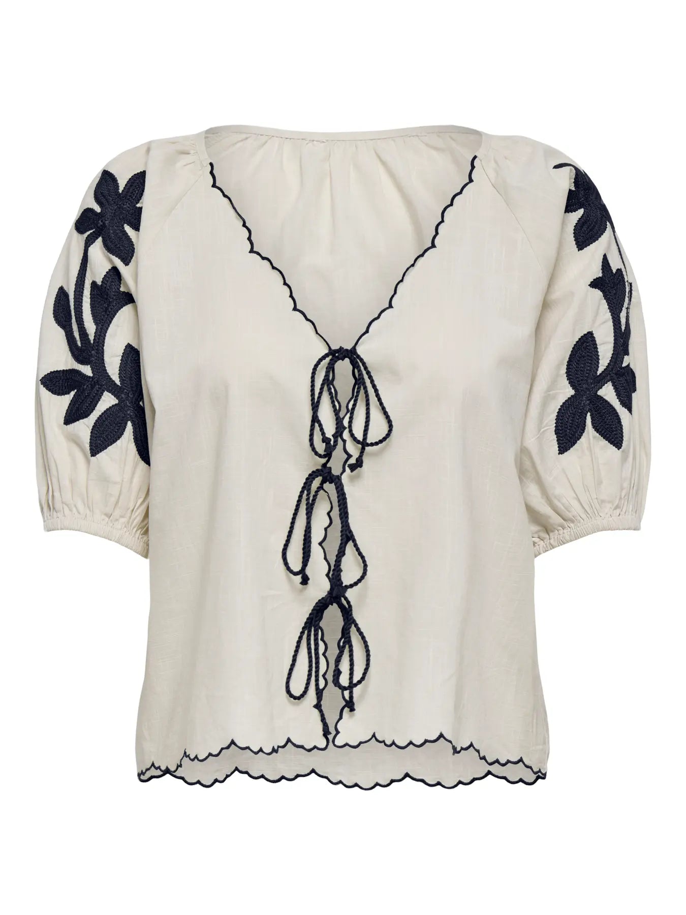 Black & White Embroidered Tie Blouse