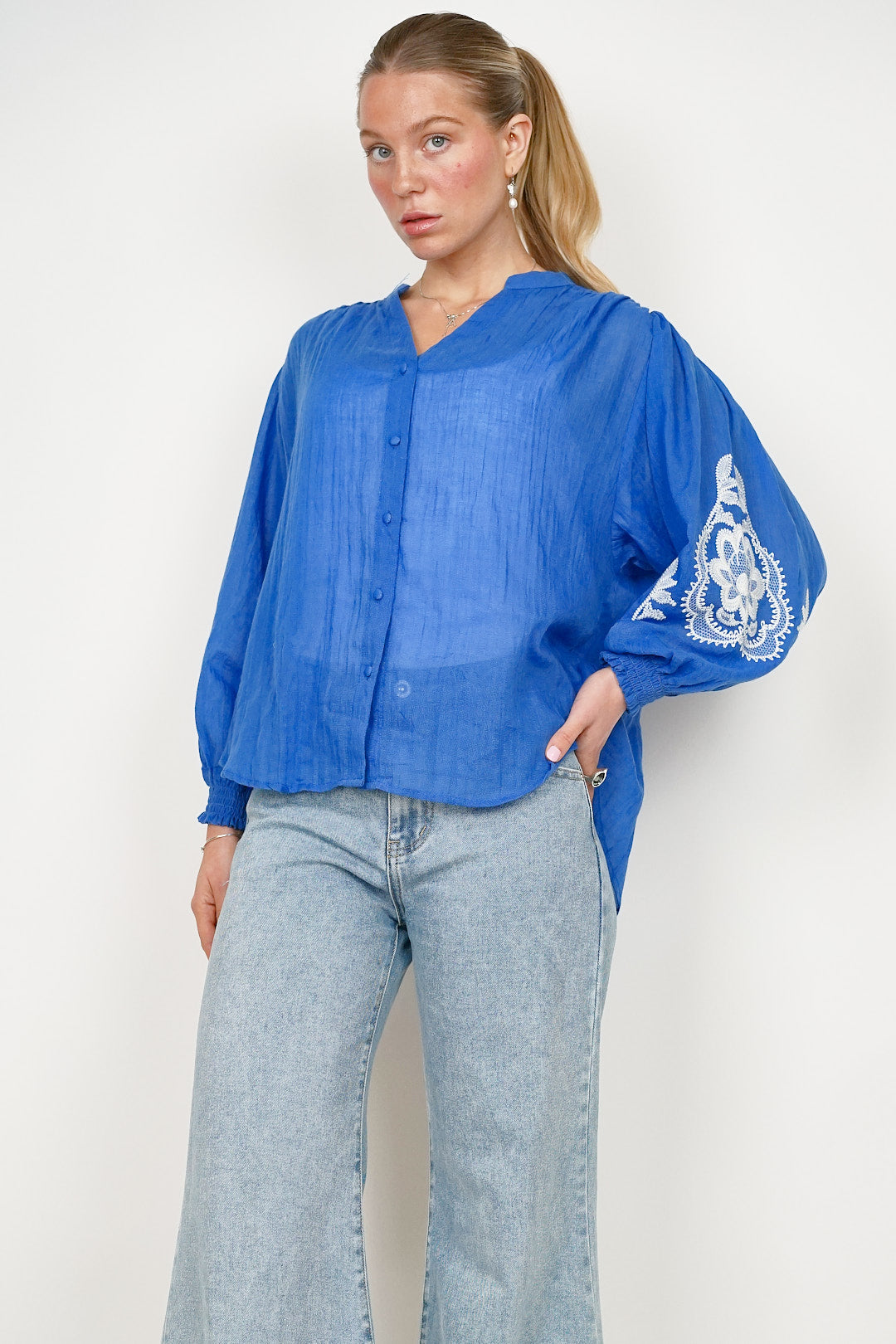 Ycoo Blue/White Embroidered Blouse 4712