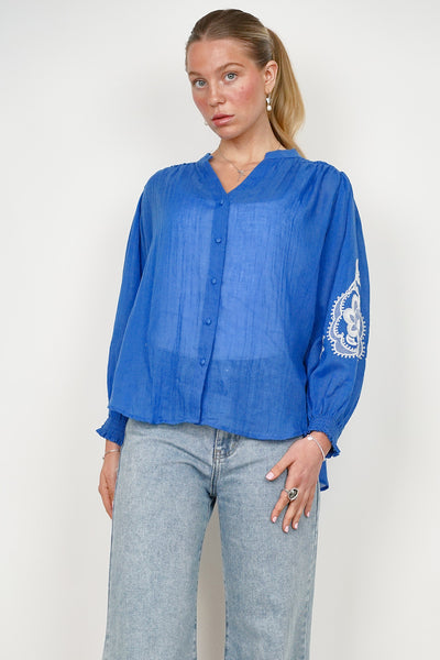 Ycoo Blue/White Embroidered Blouse 4712