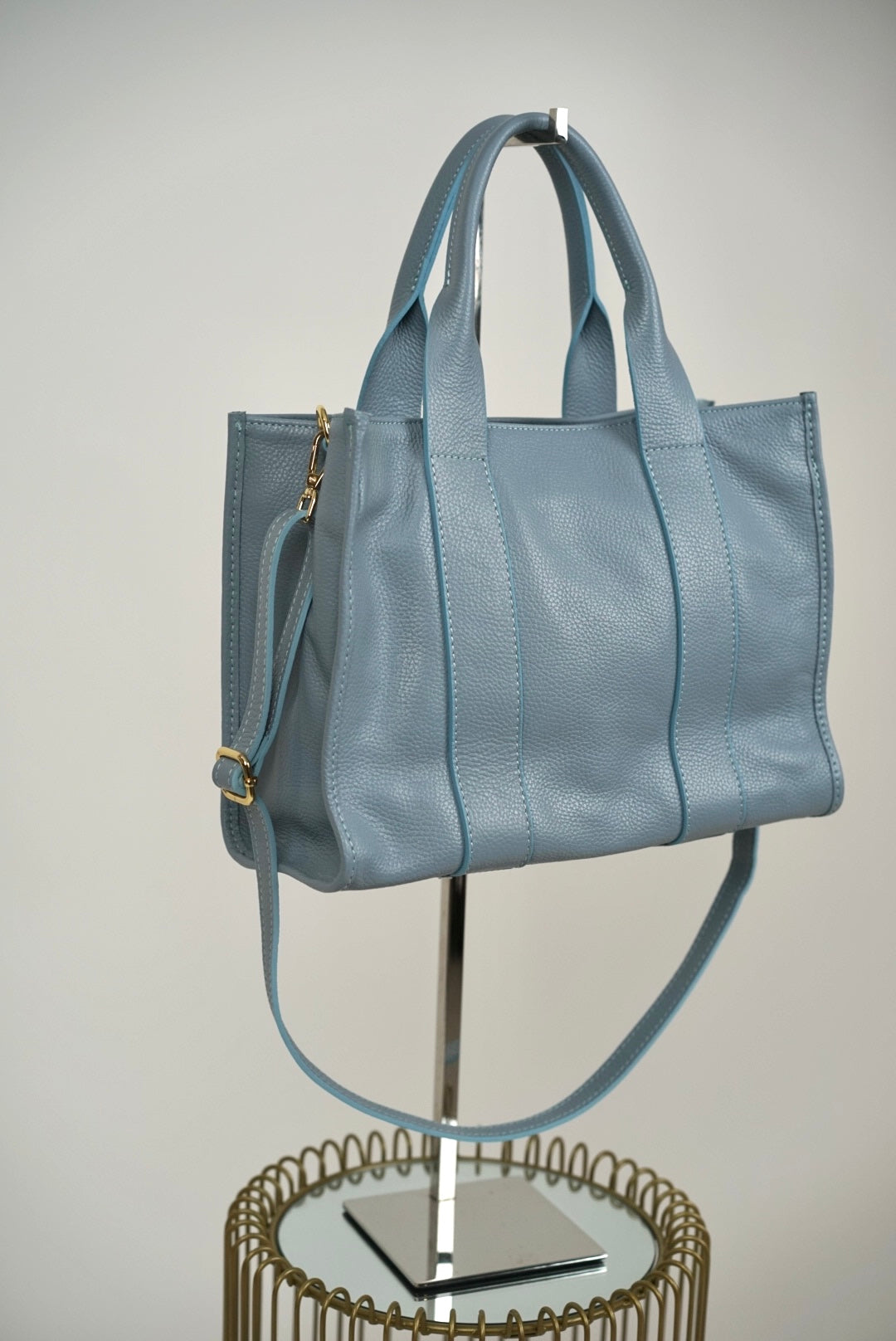 Leather Zip Up Tote Bag Sky