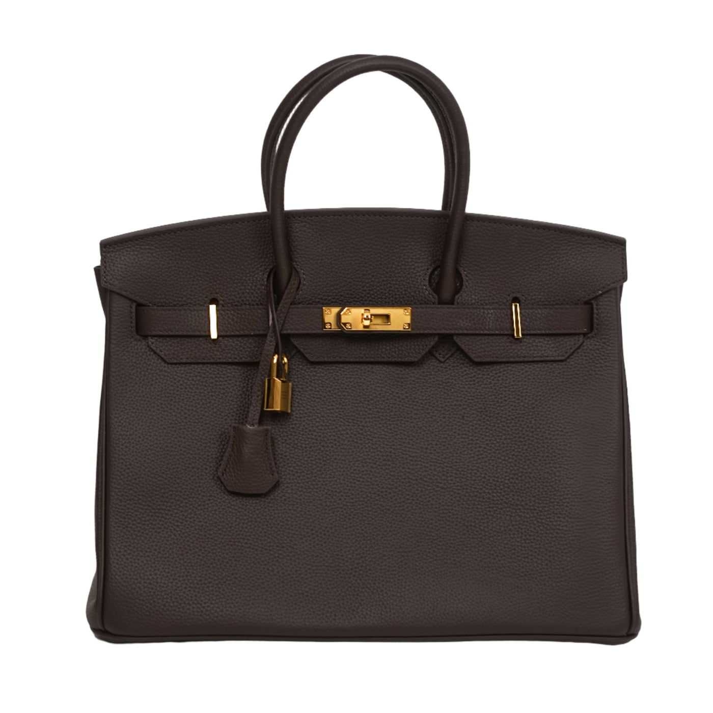 Black handbag with gold hardware on a white background