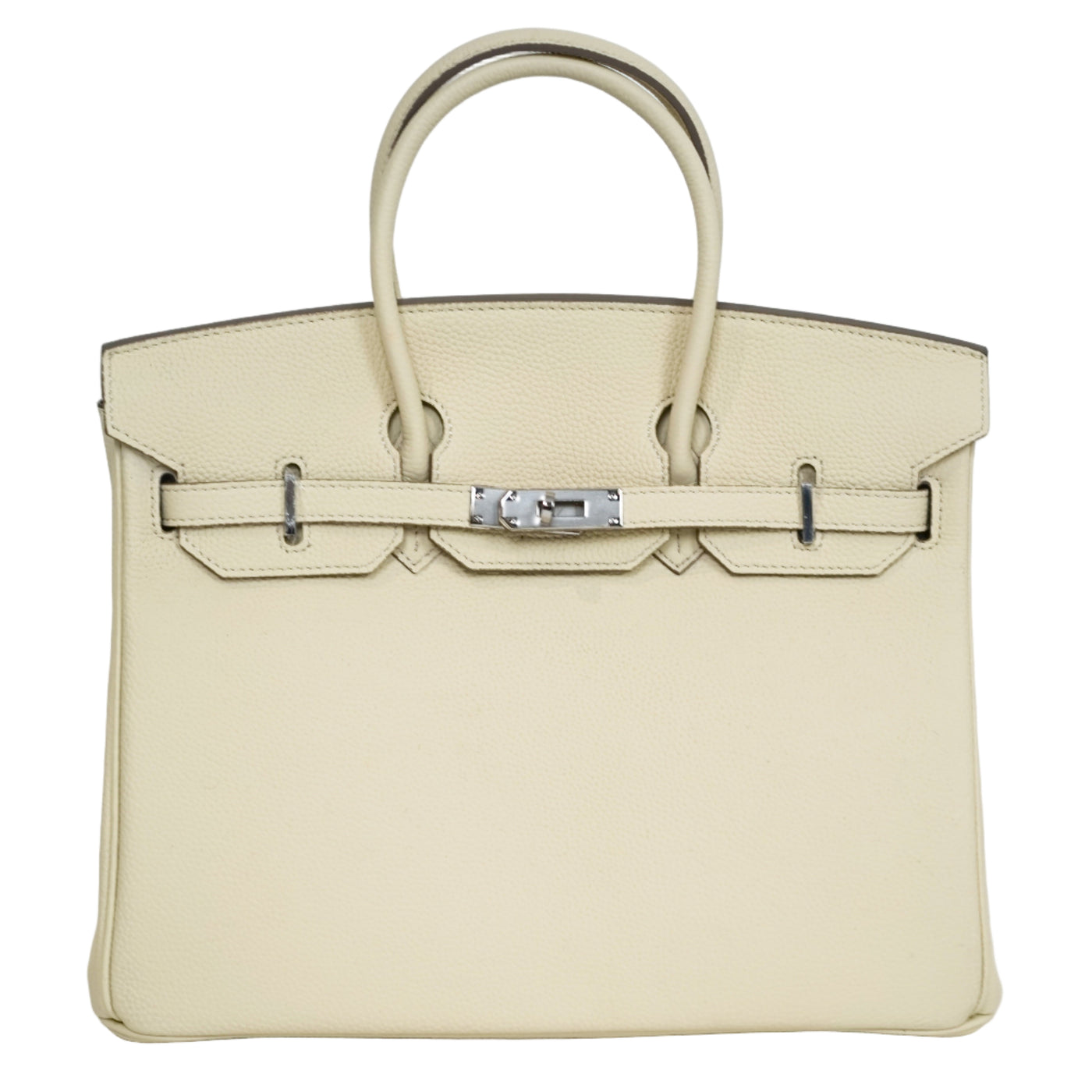 Beige handbag with silver hardware on a light gray background