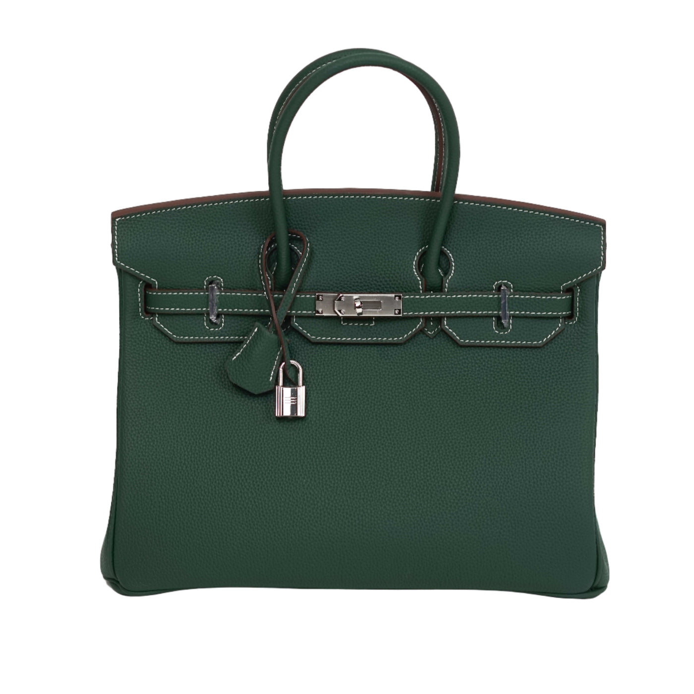 Green handbag with a silver lock on a white background