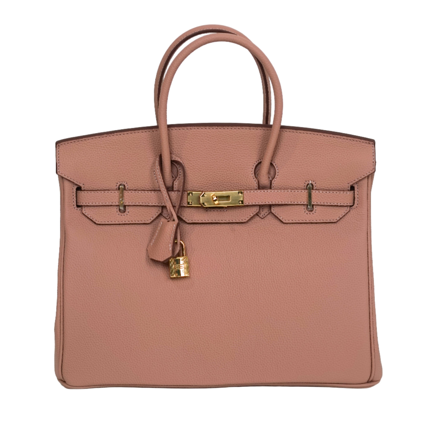 Pink handbag with gold hardware on a white background