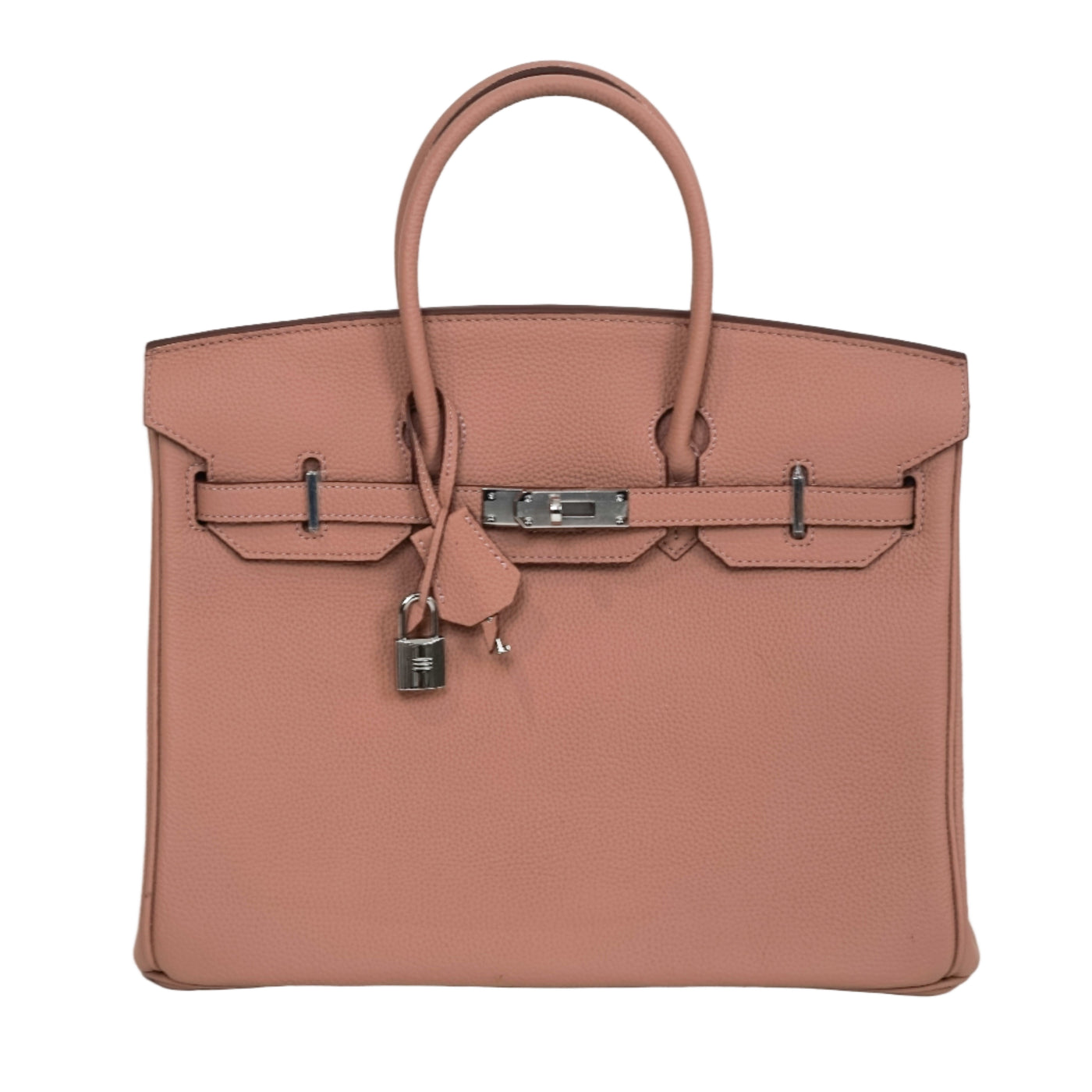 Brown handbag with a silver clasp on a white background