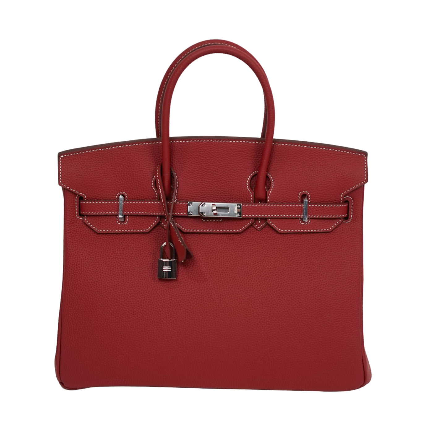 Red handbag with silver hardware on a white background