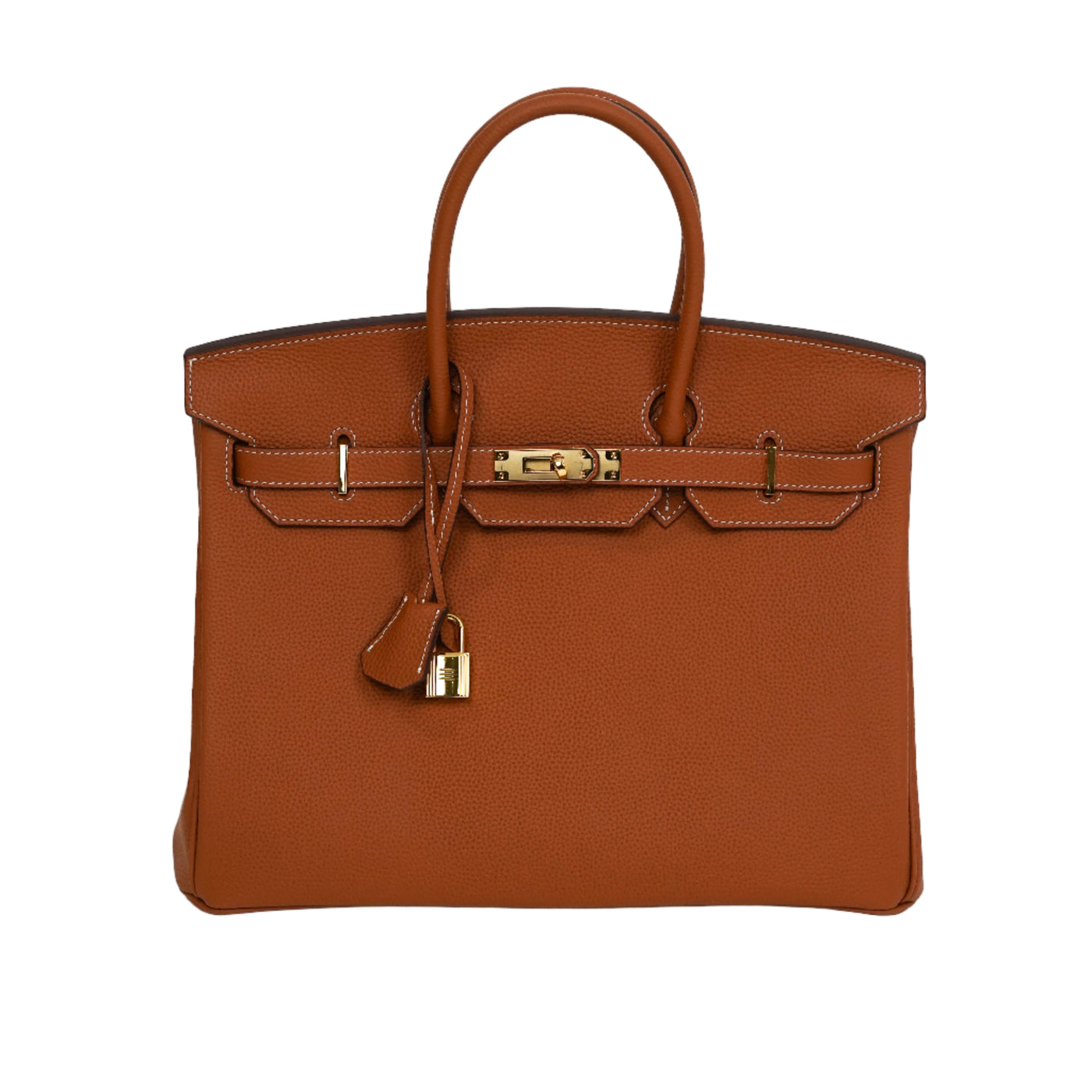 Brown leather handbag with gold hardware on a white background