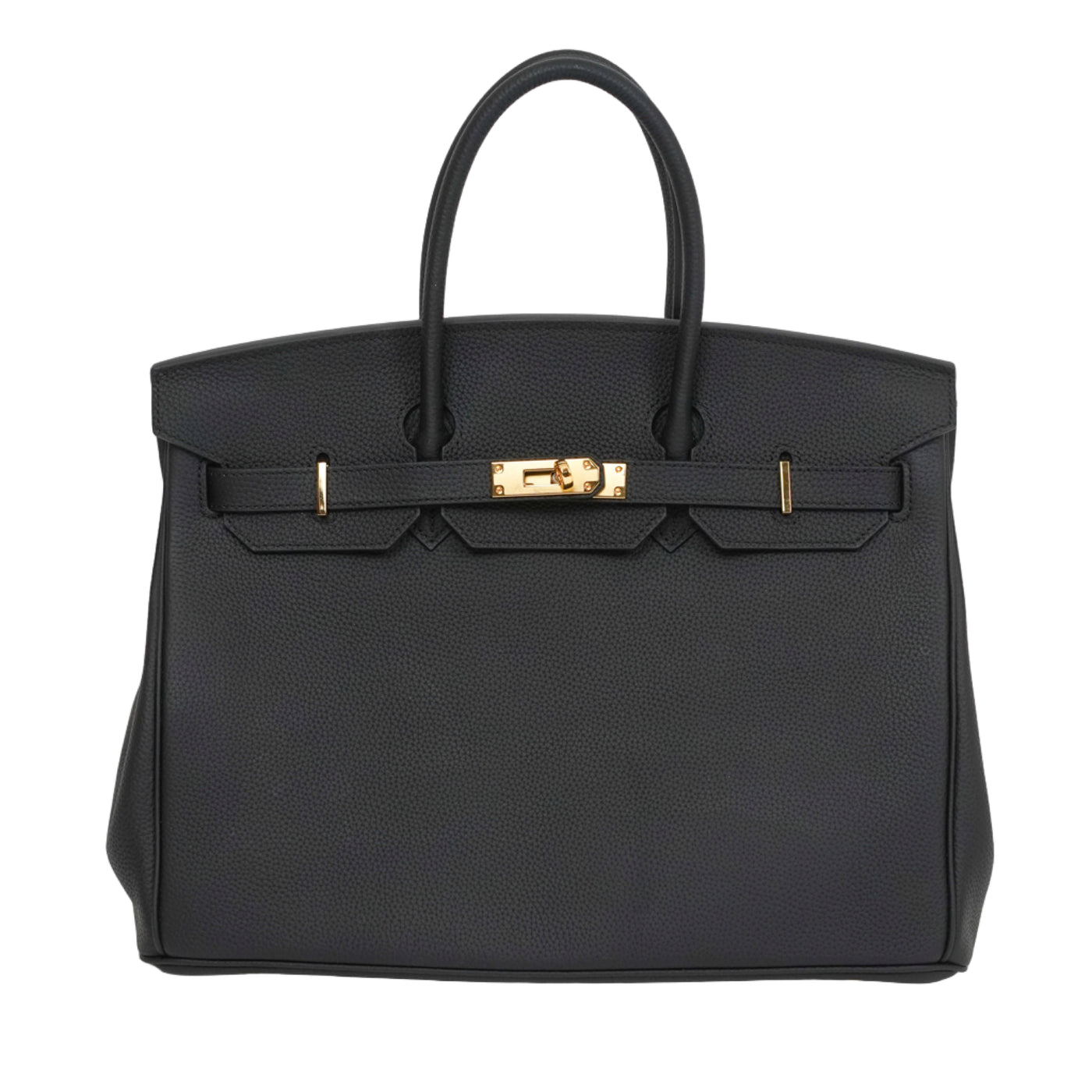 Black handbag with gold hardware on a white background