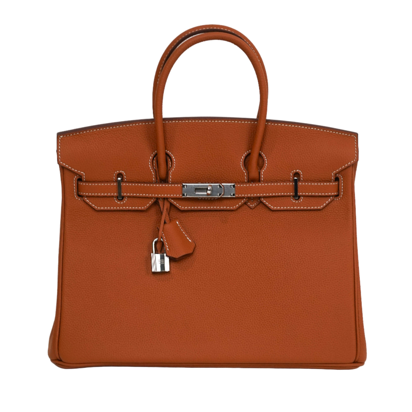 Brown handbag with silver hardware on a white background