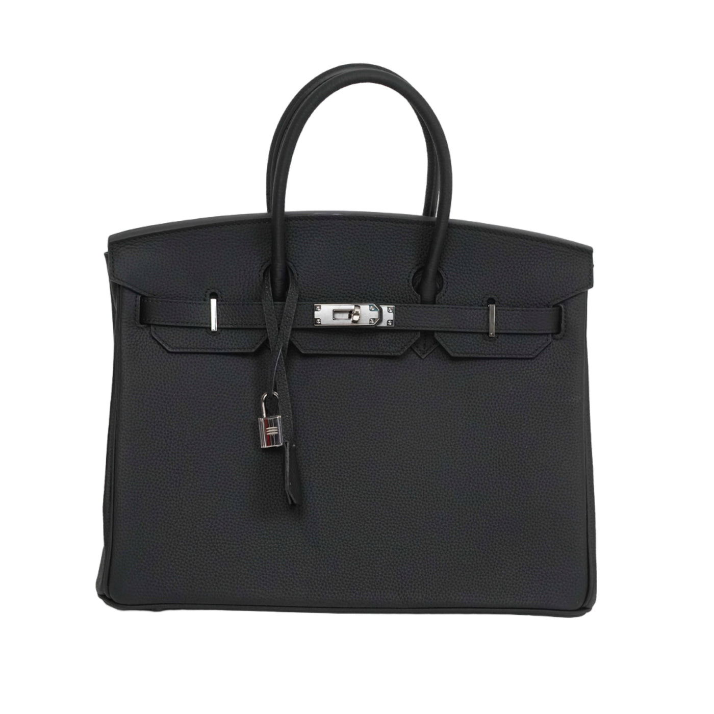 Black handbag with silver hardware on a white background