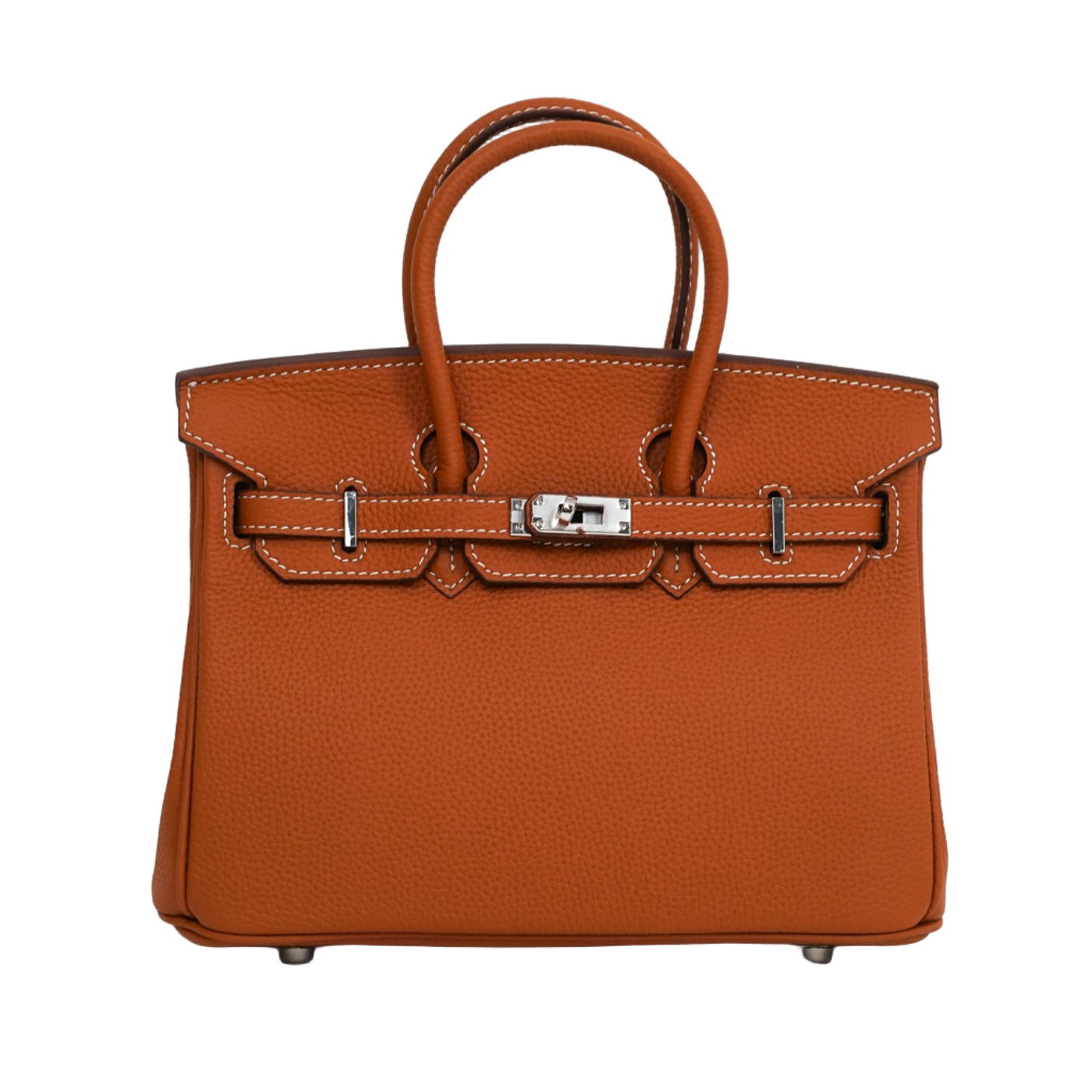 Brown handbag with silver hardware on a white background