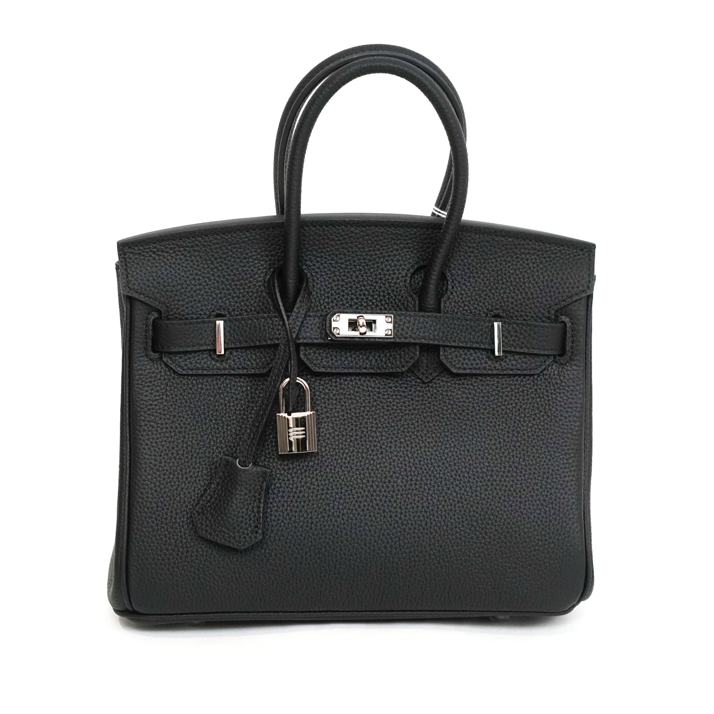 Black handbag with silver hardware on a white background