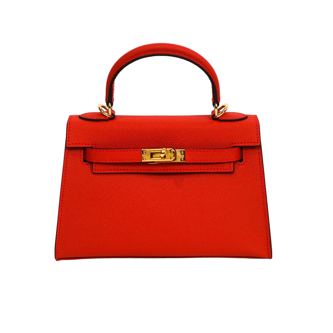 Red handbag with gold hardware on a white background