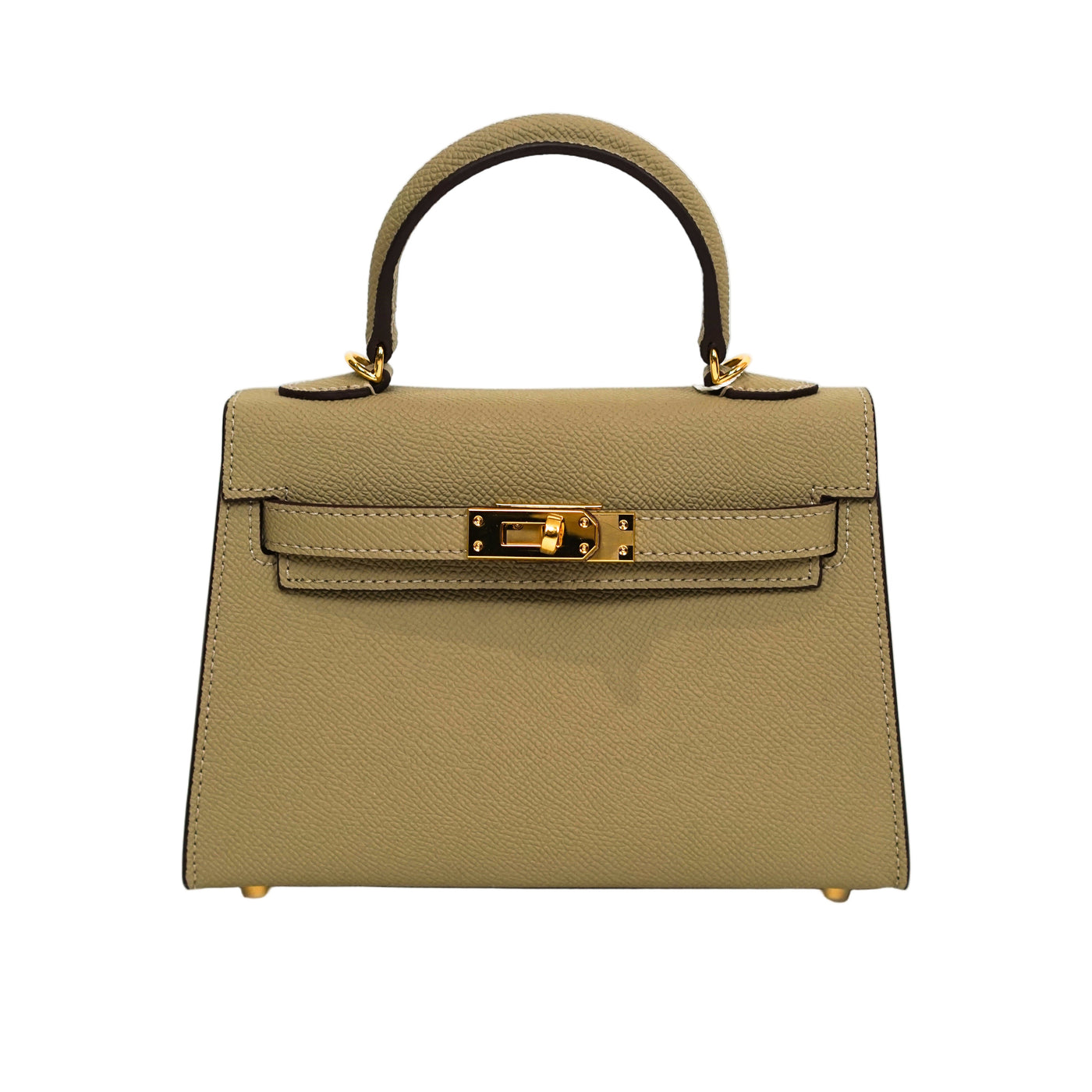 Beige handbag with gold hardware on a white background