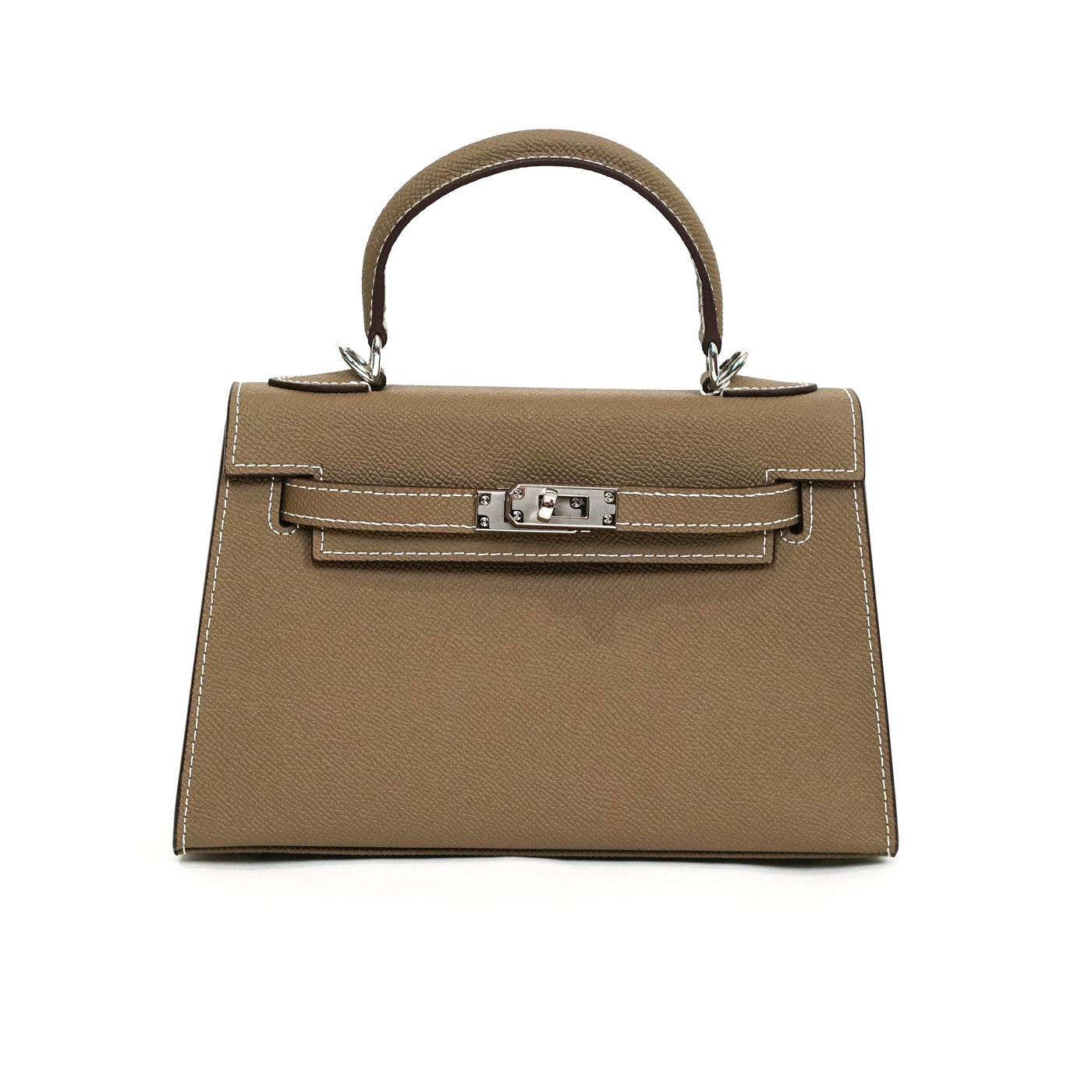 Brown handbag with a silver clasp on a white background