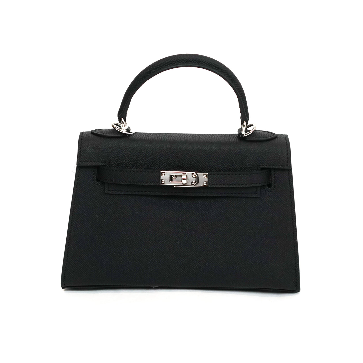 Black handbag with a silver clasp on a white background