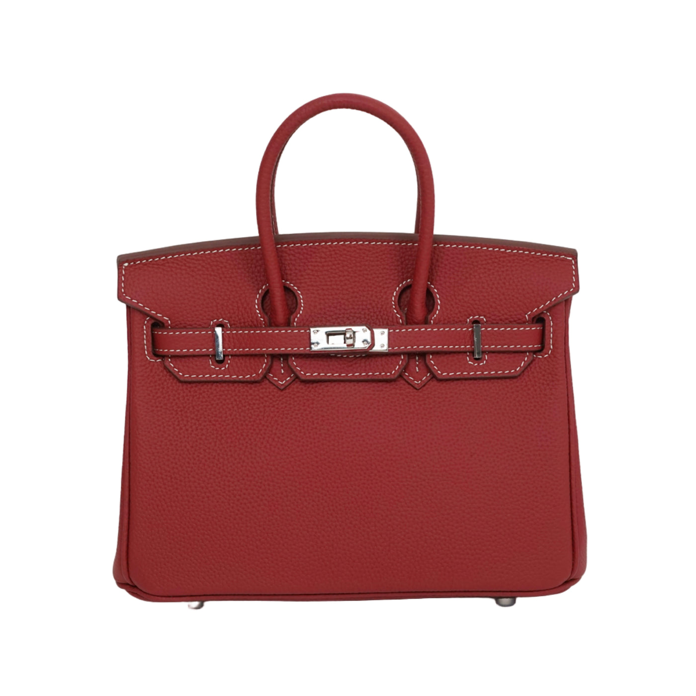 Red handbag with a silver clasp on a white background