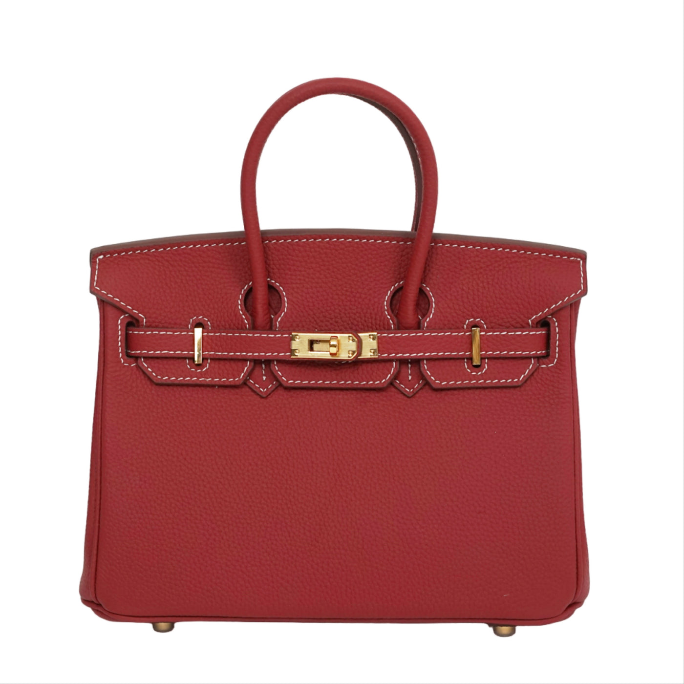Red handbag with gold hardware on a white background