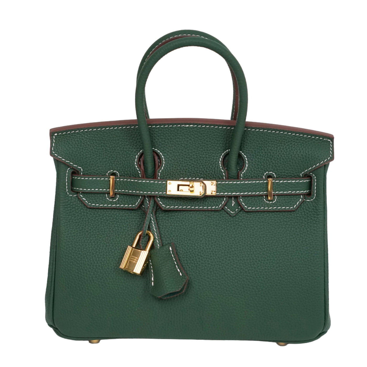 Green handbag with gold lock on a white background