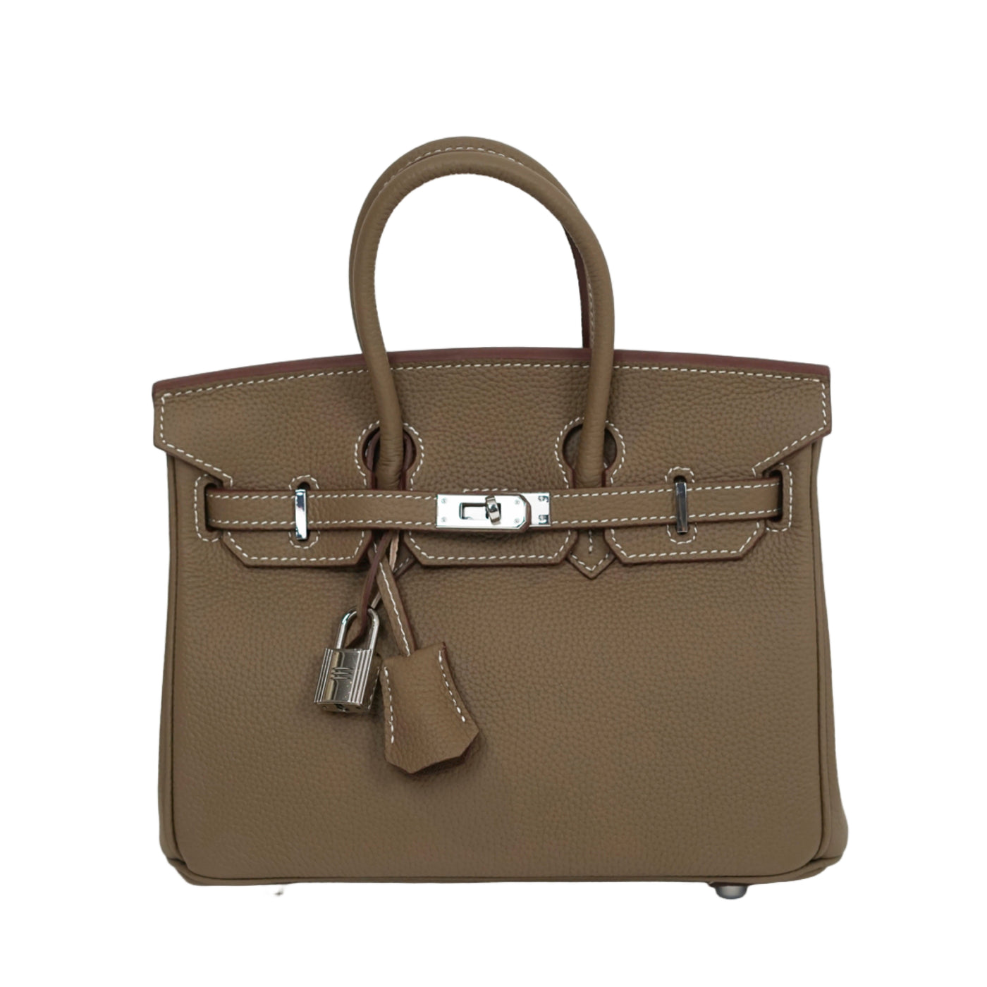 Brown handbag with silver hardware on a white background