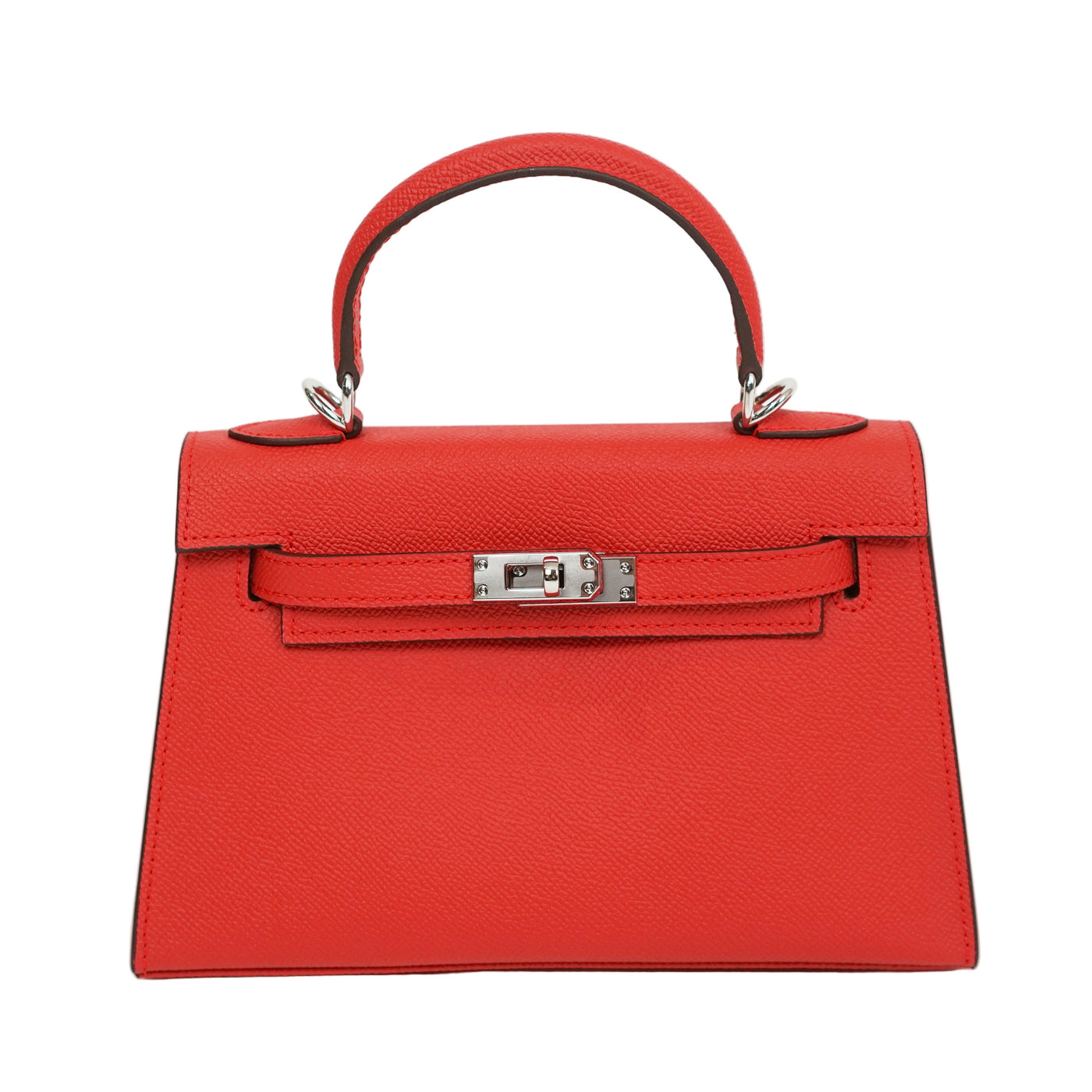 Red handbag with a silver clasp on a white background