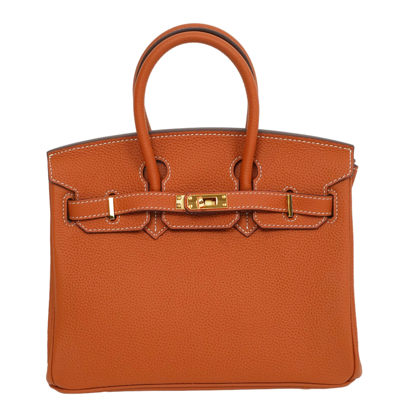 Brown handbag with gold hardware on a white background