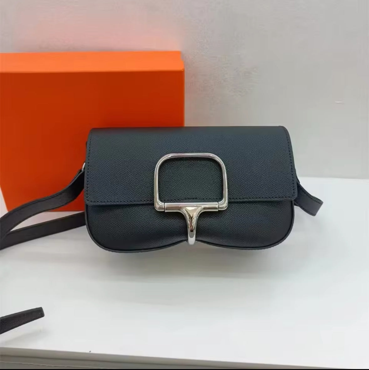 Leather Horse Bit Cross Body Bag Black