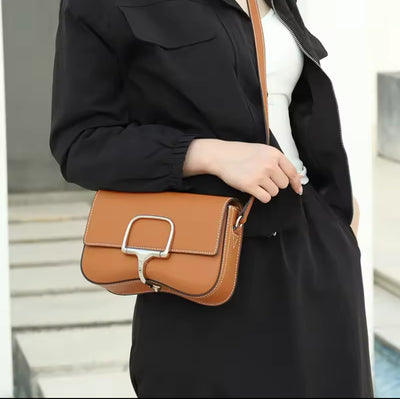 Leather Horse Bit Cross Body Bag Tan