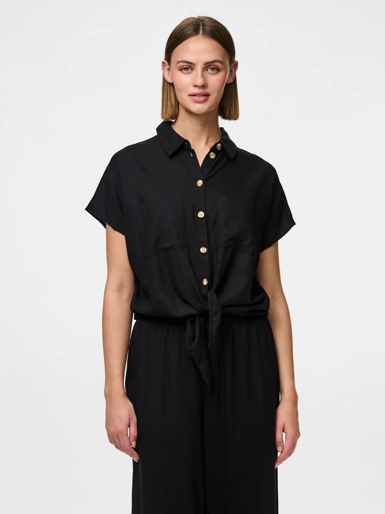 Linen Tie Blouse Black