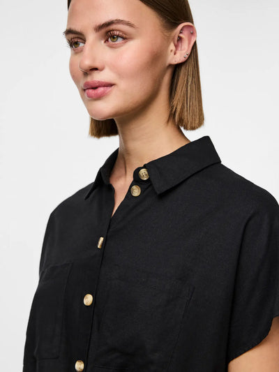 Linen Tie Blouse Black