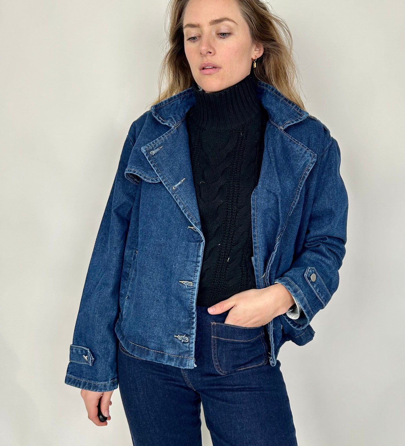 Cropped Denim Trench Jacket