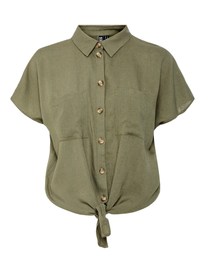 Linen Tie Blouse Khaki