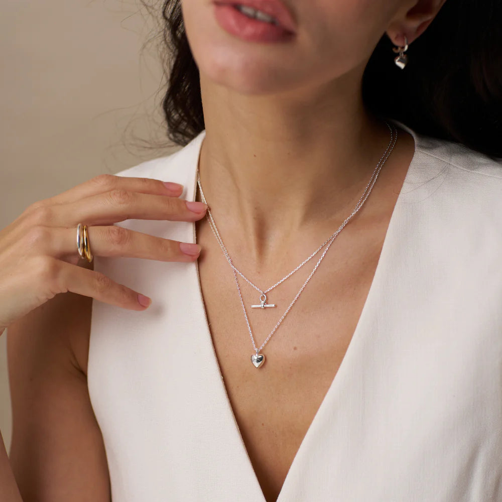 Domed Heart Charm Short Necklace - Silver