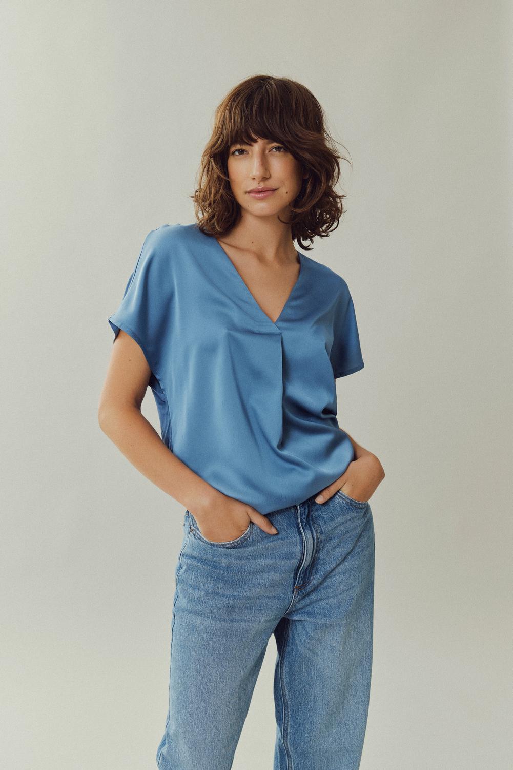 Viellette Satin V Neck Denim Blue