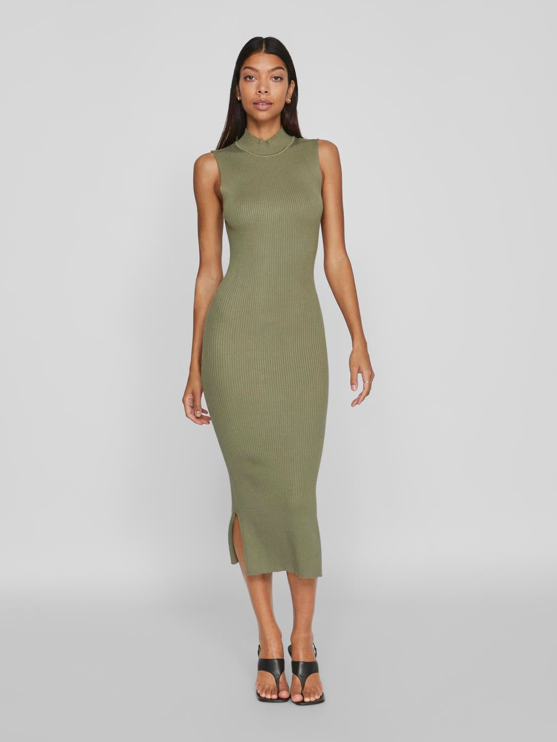 Funnel Neck Sleeveless Knit Dress Khaki