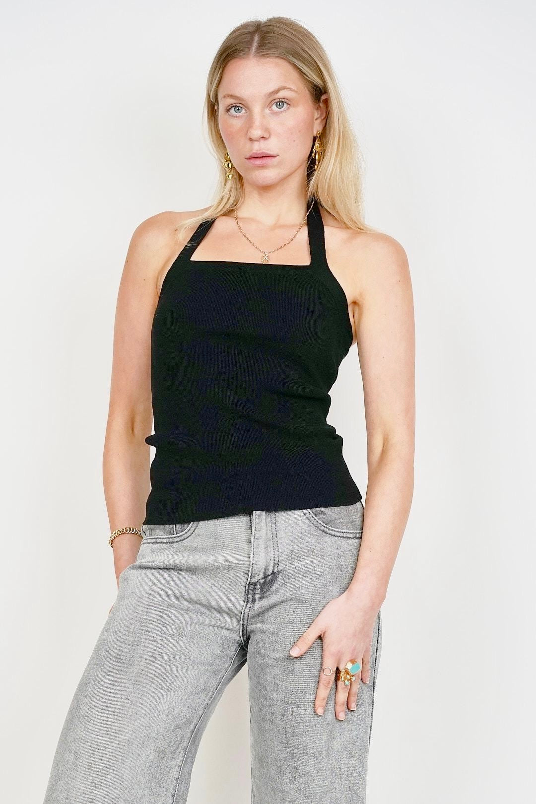 Halter Neck Fine Knit Top Black